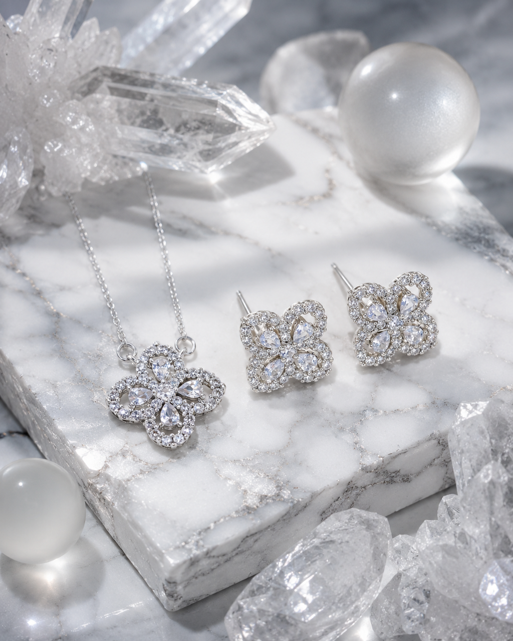 Classic Floral Jewellery Set – Cubic Zirconia Necklace & Earrings