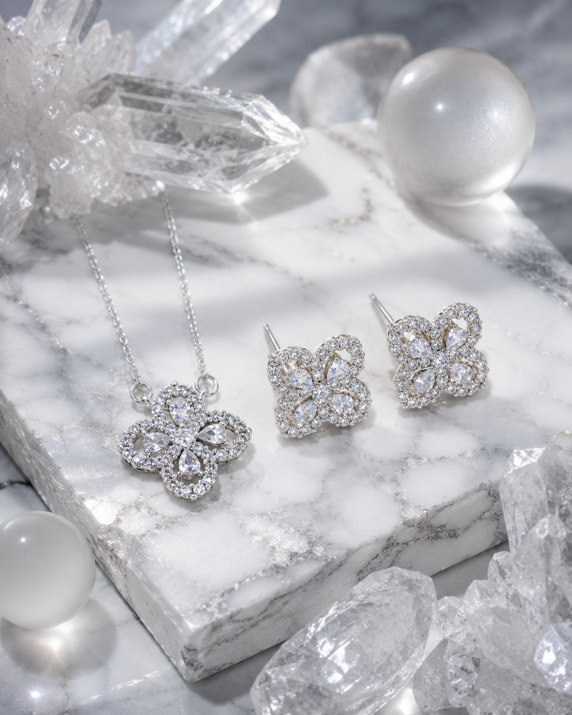 Classic Floral Jewellery Set – Cubic Zirconia Necklace & Earrings