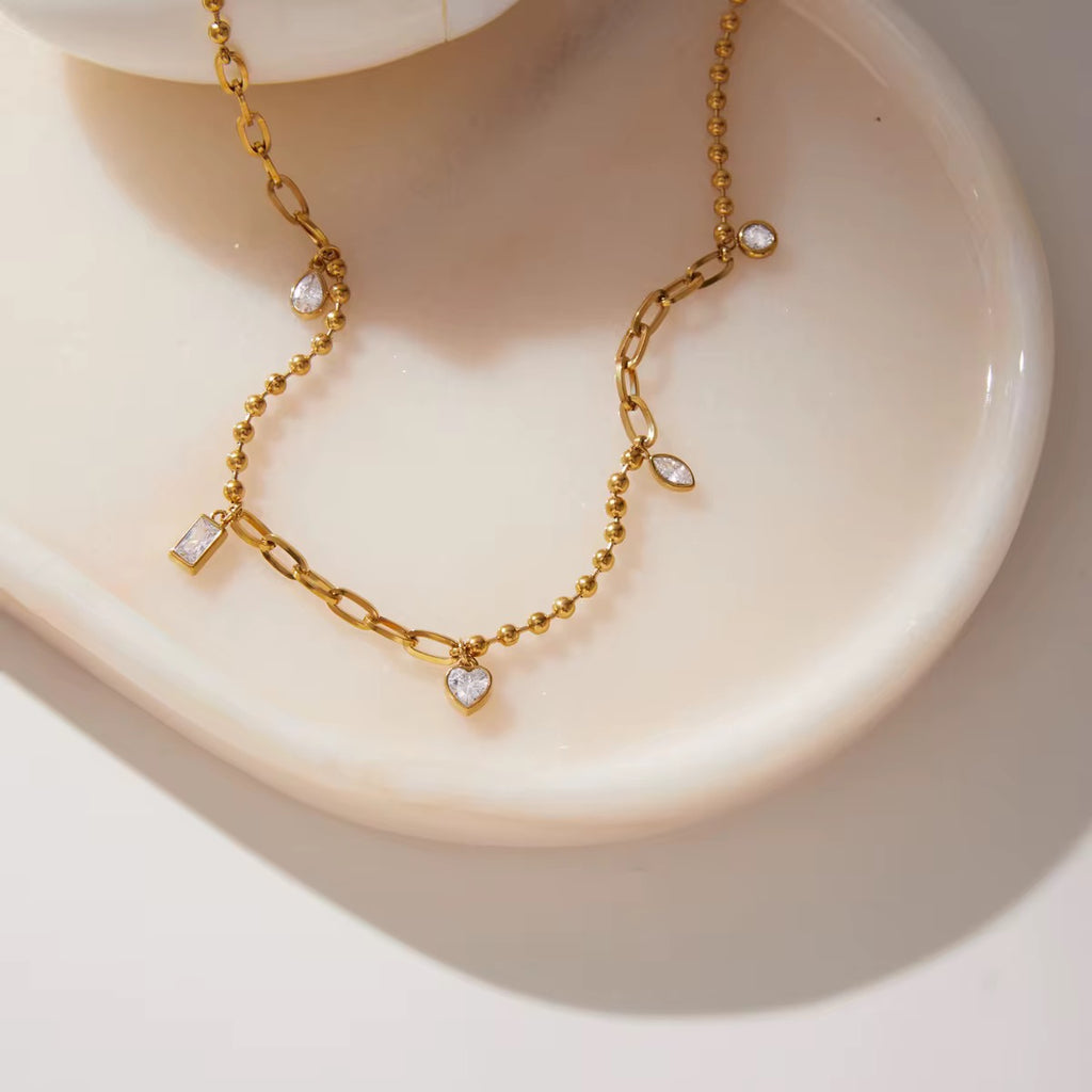 Stainless Steel Gold Heart & Square Charm Necklace for Women – Waterproof Tarnish-Free Layered Link Chain with Cubic Zirconia Pendant
