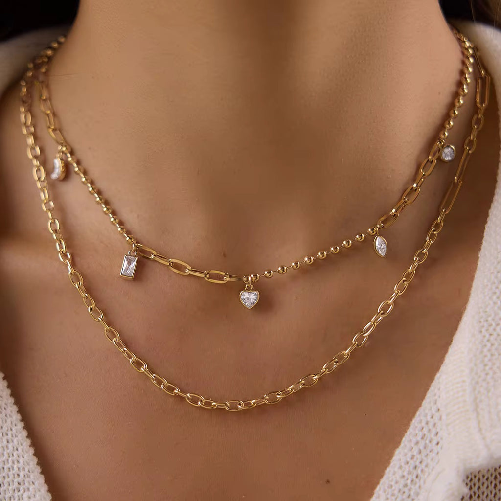 Stainless Steel Gold Heart & Square Charm Necklace for Women – Waterproof Tarnish-Free Layered Link Chain with Cubic Zirconia Pendant