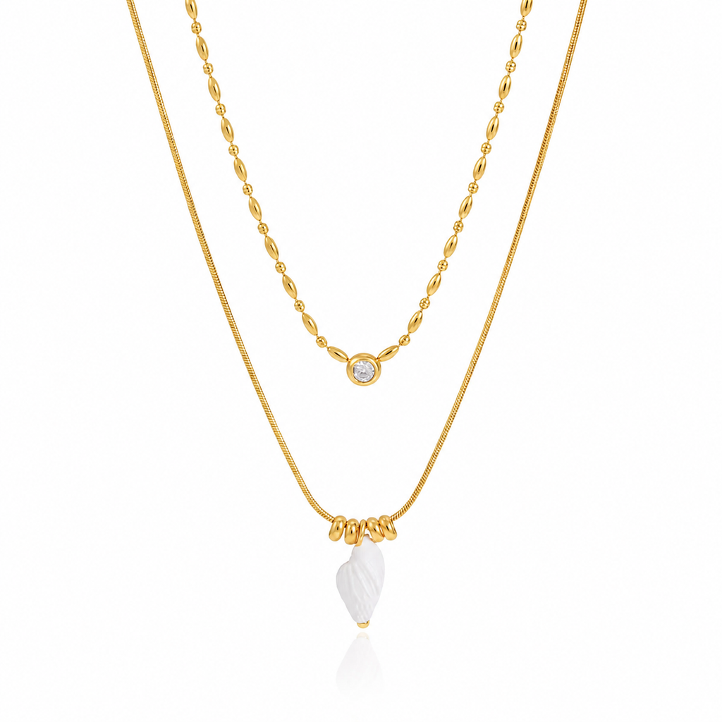 Stainless Steel Gold Layered Necklace with White Shell Pendant & Cubic Zirconia Charm – Waterproof Tarnish-Free Double Layer Necklace for Women