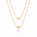Stainless Steel Gold Layered Necklace with White Shell Pendant & Cubic Zirconia Charm – Waterproof Tarnish-Free Double Layer Necklace for Women