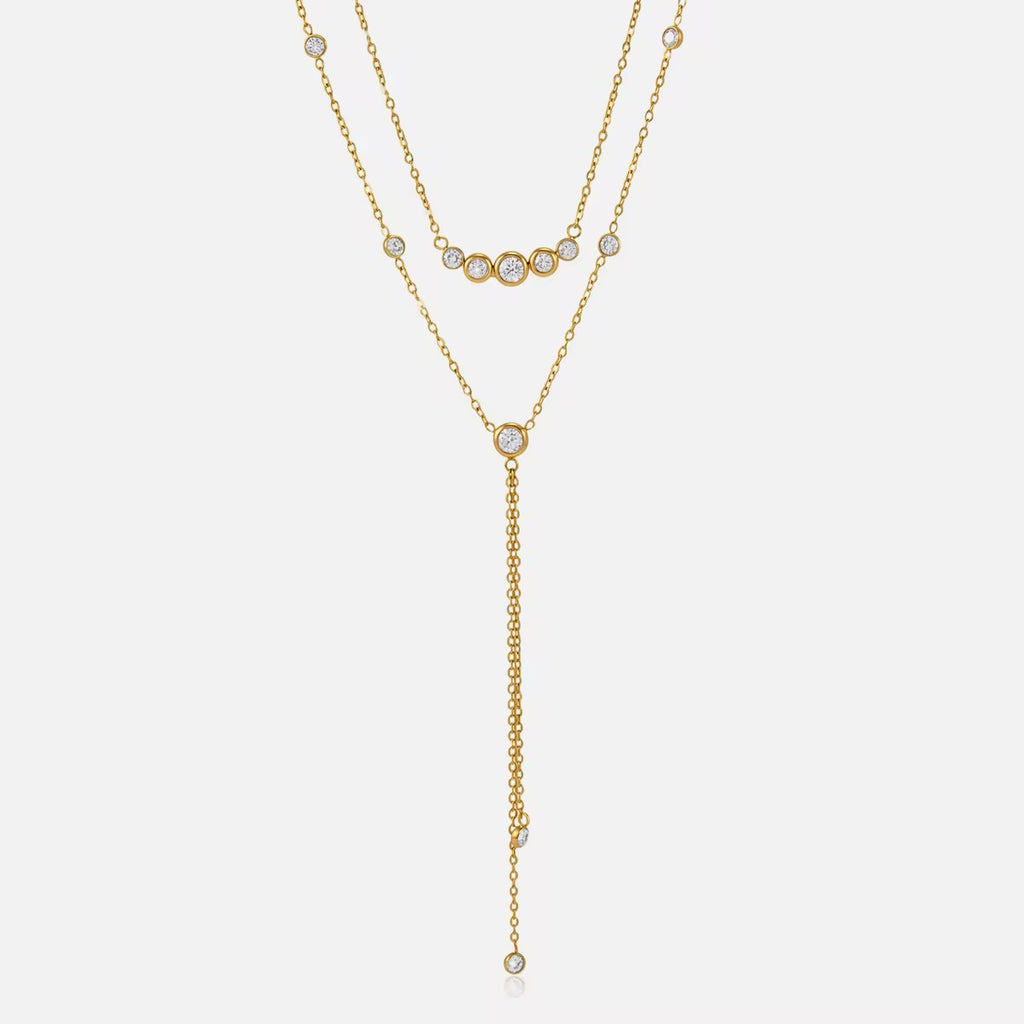 Stainless Steel Gold Layered Y Necklace for Women – Double Layer Cubic Zirconia Lariat Necklace, Waterproof, Tarnish-Resistant & Hypoallergenic