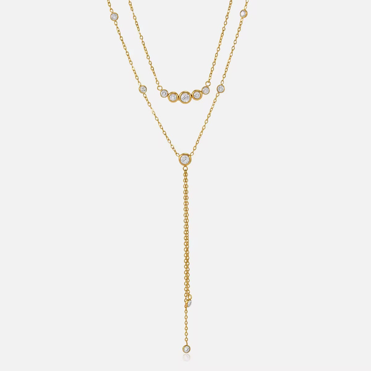 Stainless Steel Gold Layered Y Necklace for Women – Double Layer Cubic Zirconia Lariat Necklace, Waterproof, Tarnish-Resistant & Hypoallergenic