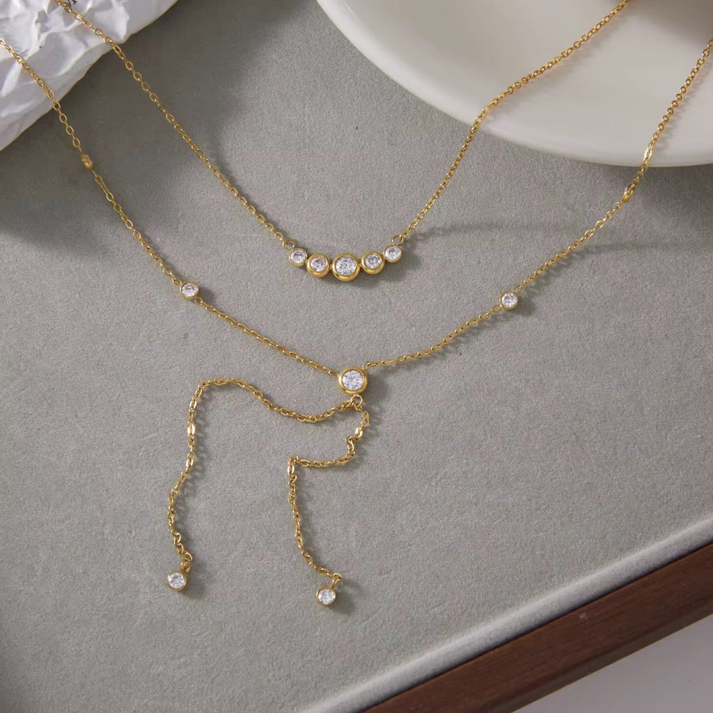 Stainless Steel Gold Layered Y Necklace for Women – Double Layer Cubic Zirconia Lariat Necklace, Waterproof, Tarnish-Resistant & Hypoallergenic