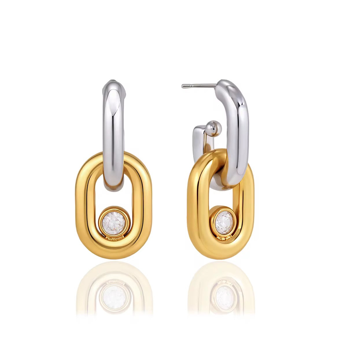 Stainless Steel Two-Tone Link Drop Earrings with Cubic Zirconia – Gold & Silver Waterproof, Tarnish-Resistant & Hypoallergenic Earrings for Women