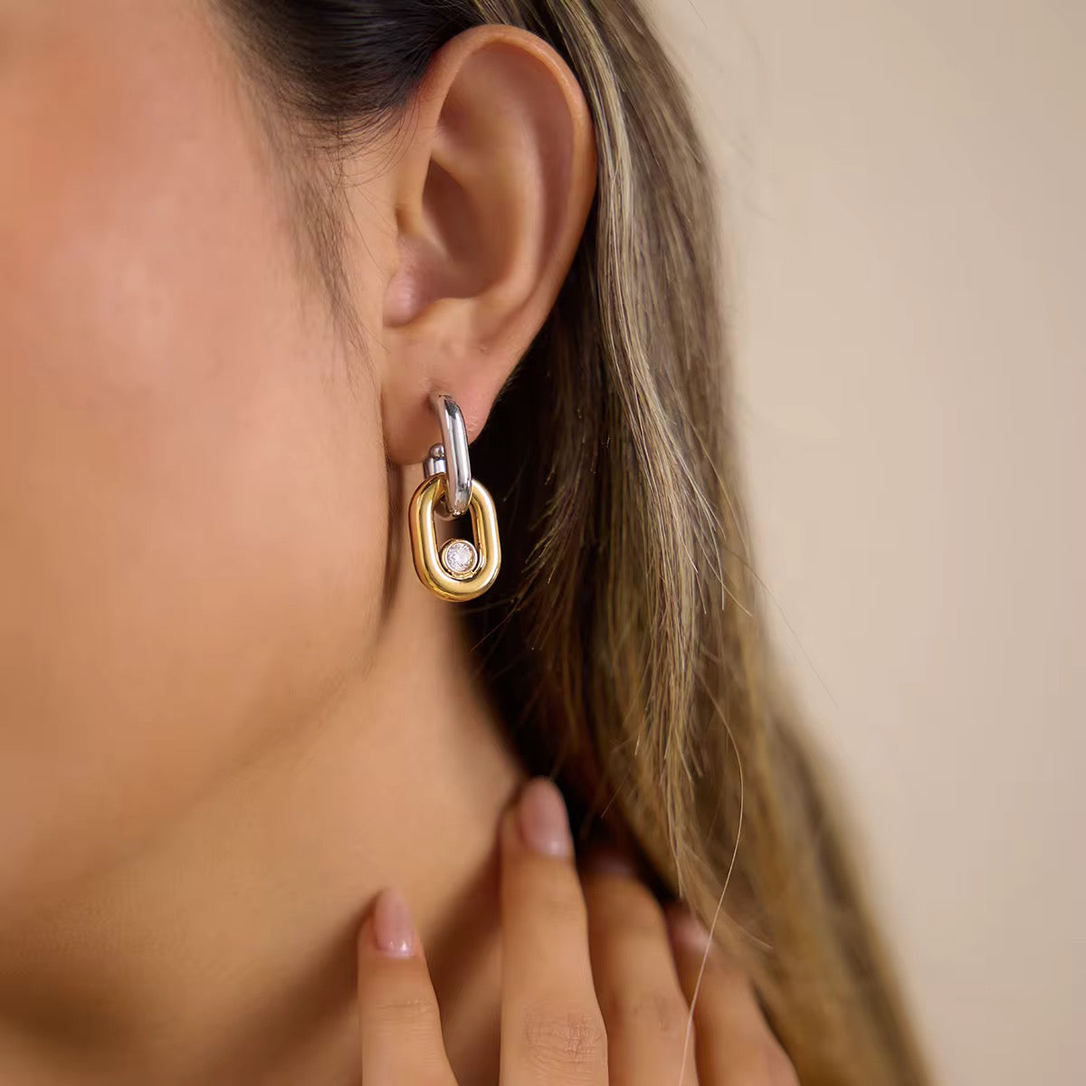 Stainless Steel Two-Tone Link Drop Earrings with Cubic Zirconia – Gold & Silver Waterproof, Tarnish-Resistant & Hypoallergenic Earrings for Women