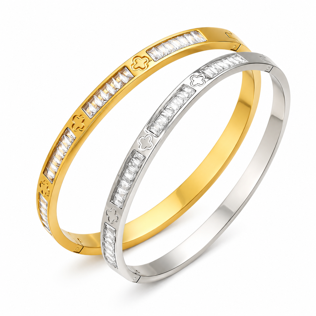 Luxury Stainless Steel Crystal Clover Bangle Bracelet – Waterproof, Hypoallergenic, Tarnish-Resistant Cuff for Women (Gold & Silver)