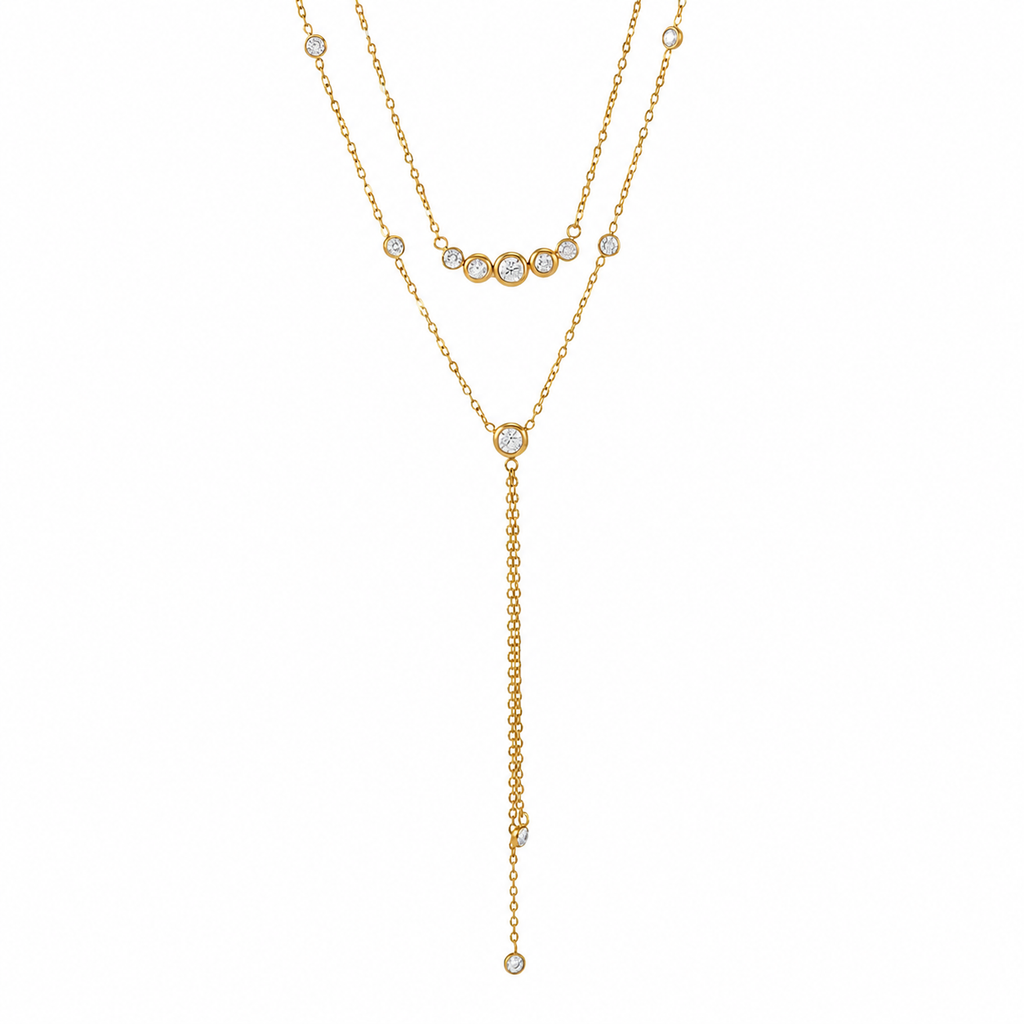 Stainless Steel Gold Layered Y Necklace for Women – Double Layer Cubic Zirconia Lariat Necklace, Waterproof, Tarnish-Resistant & Hypoallergenic