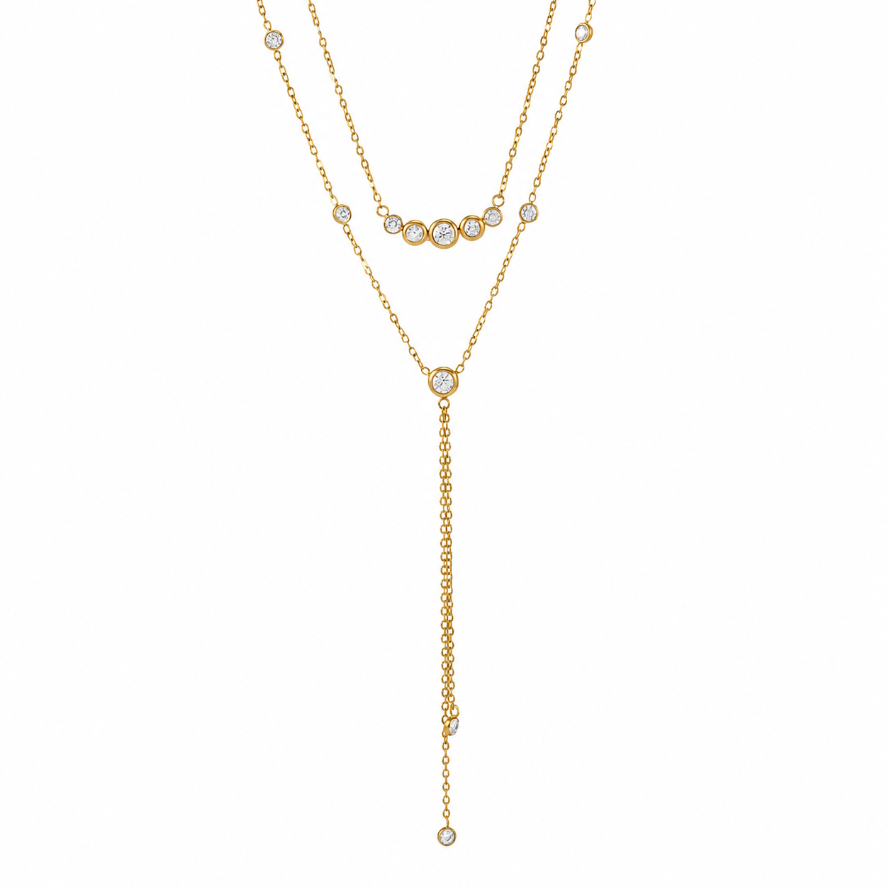Stainless Steel Gold Layered Y Necklace for Women – Double Layer Cubic Zirconia Lariat Necklace, Waterproof, Tarnish-Resistant & Hypoallergenic