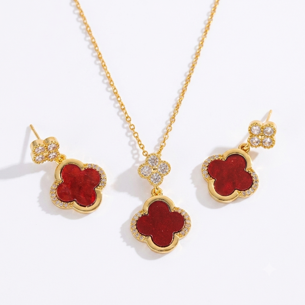 18K Gold Plated Stainless Steel Four Leaf Clover Pendant Necklace and Earrings Set