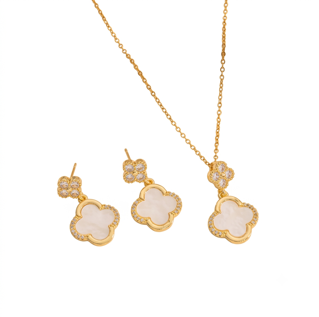 18K Gold Plated Stainless Steel Four Leaf Clover Pendant Necklace and Earrings Set