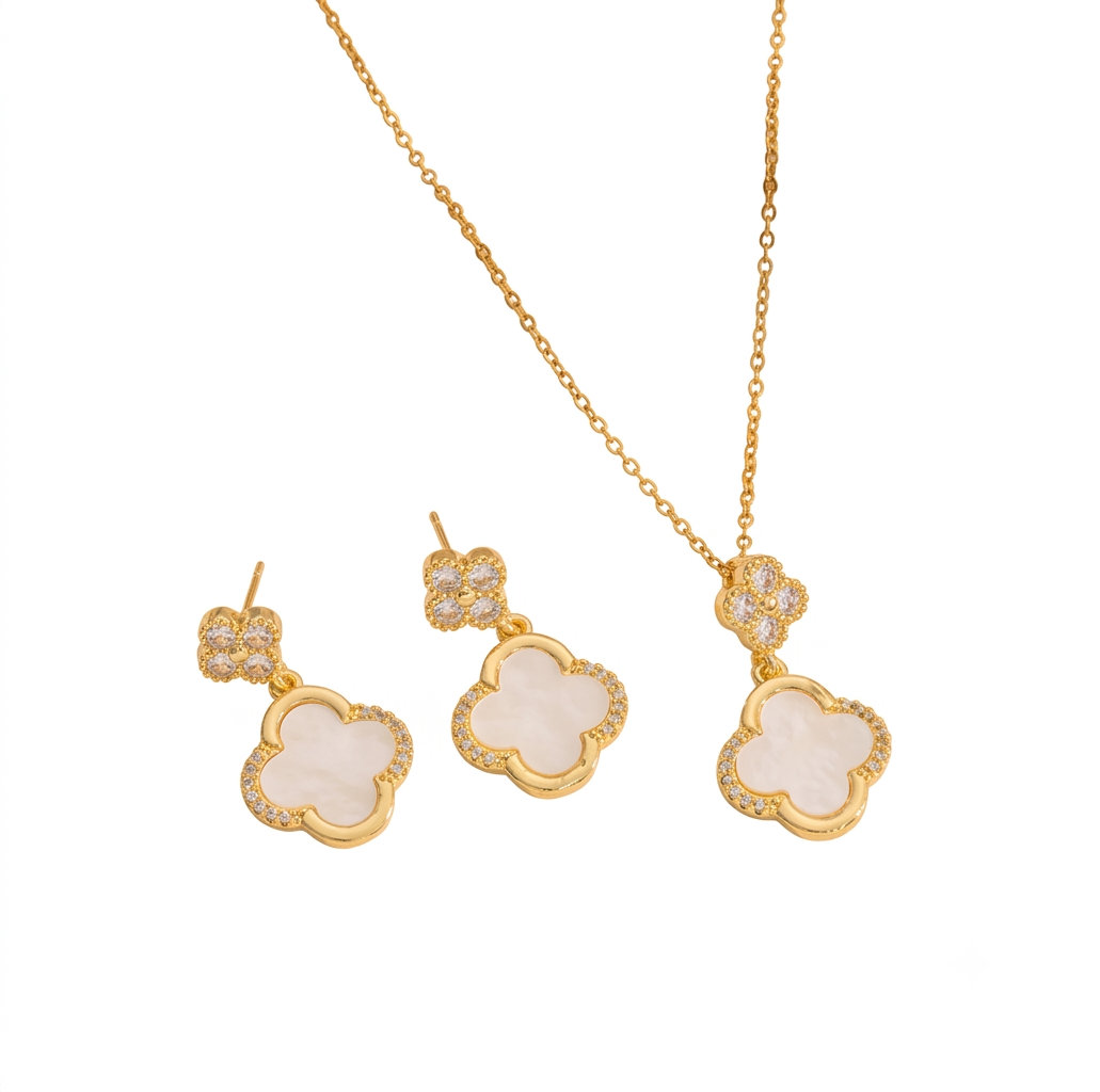 18K Gold Plated Stainless Steel Four Leaf Clover Pendant Necklace and Earrings Set