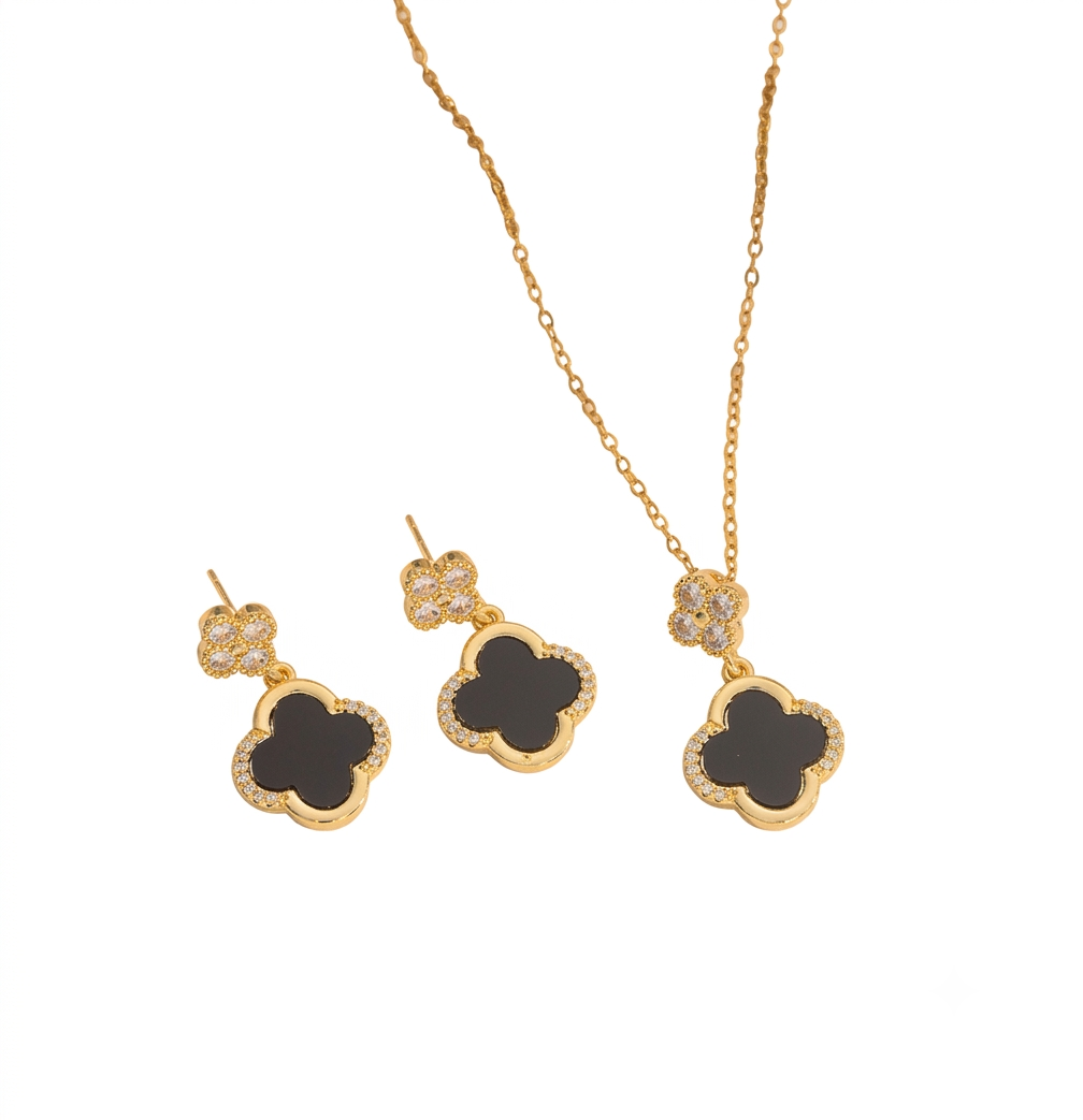 18K Gold Plated Stainless Steel Four Leaf Clover Pendant Necklace and Earrings Set