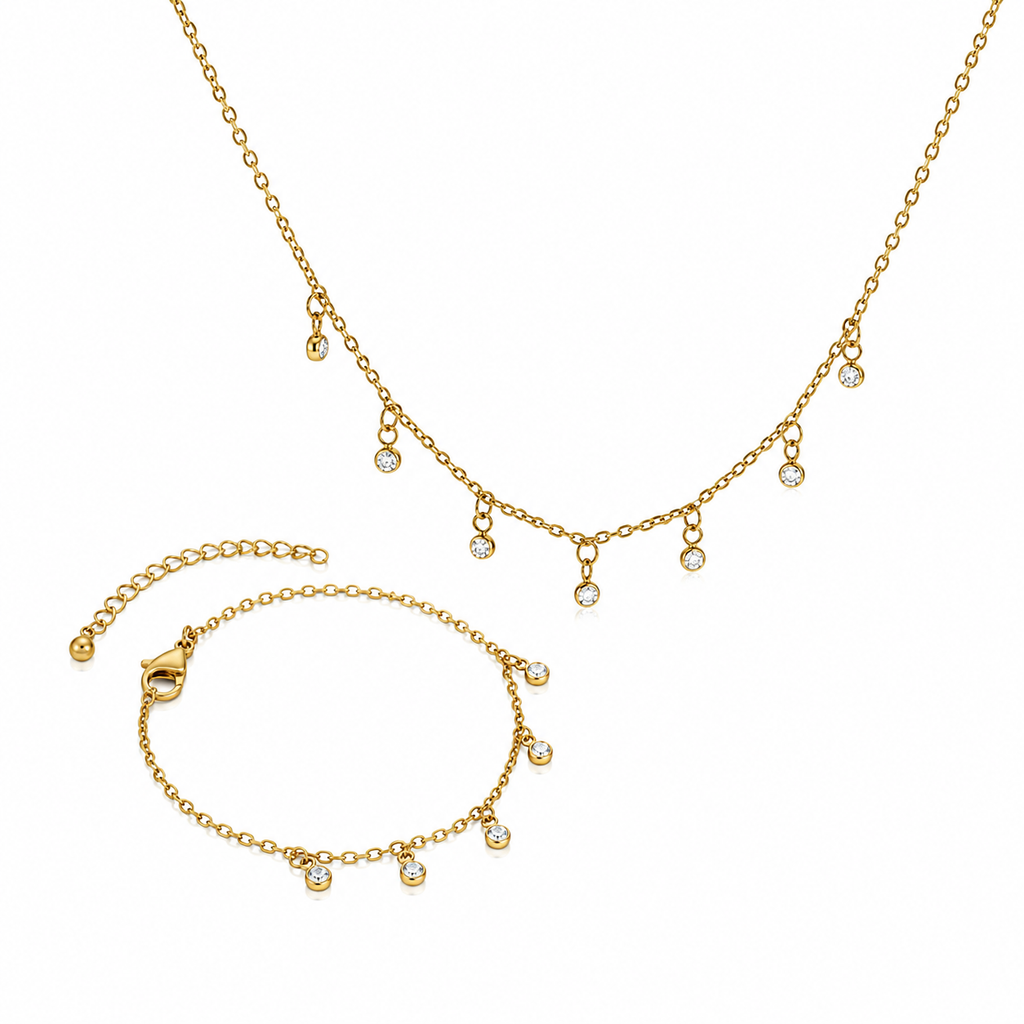 Gold-Plated Dainty Crystal Drop Jewellery Set | Necklace & Bracelet Set | Minimalist Stainless Steel Jewellery | Elegant Gift for Women