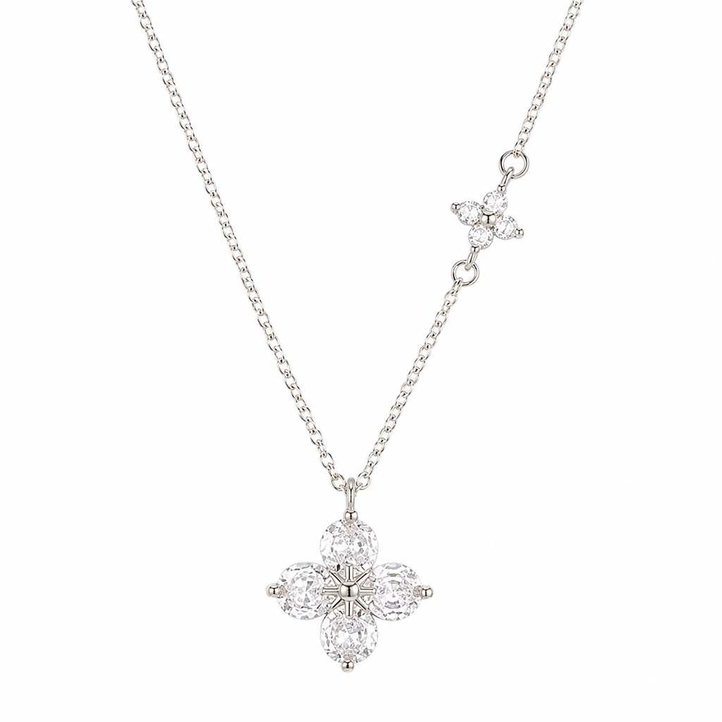 925 Sterling Silver Four-Leaf Clover Crystal Pendant Necklace | Cubic Zirconia Floral Necklace | Elegant Silver Necklace for Women | Gift for Her