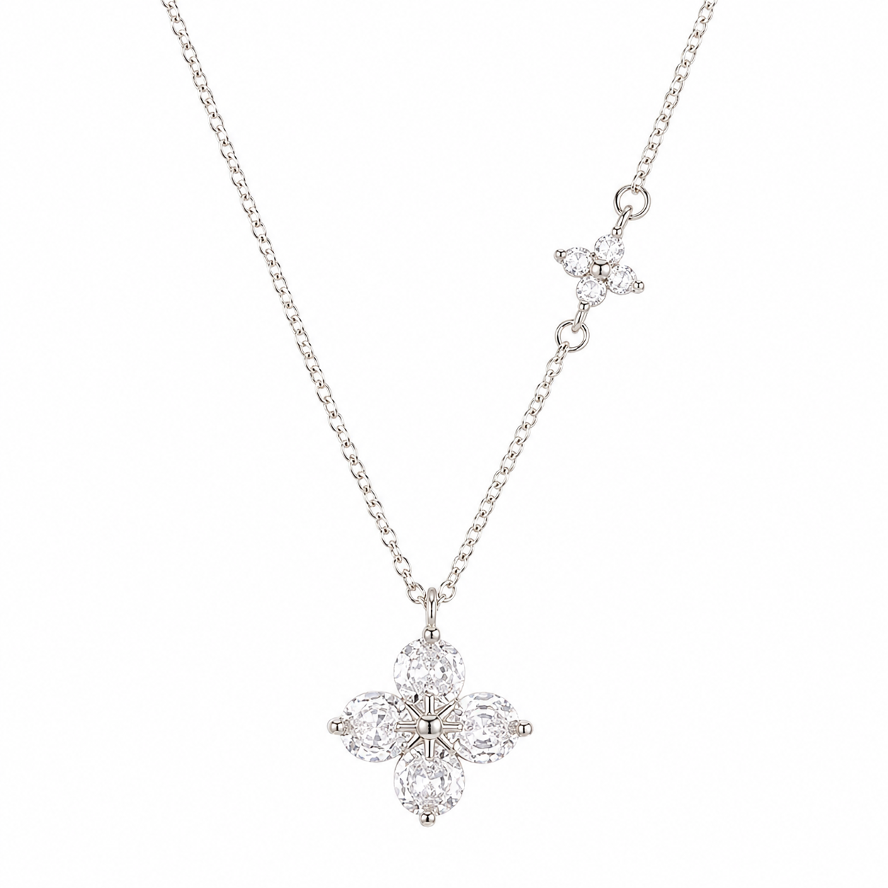 925 Sterling Silver Four-Leaf Clover Crystal Pendant Necklace | Cubic Zirconia Floral Necklace | Elegant Silver Necklace for Women | Gift for Her
