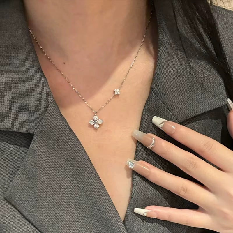 925 Sterling Silver Four-Leaf Clover Crystal Pendant Necklace | Cubic Zirconia Floral Necklace | Elegant Silver Necklace for Women | Gift for Her