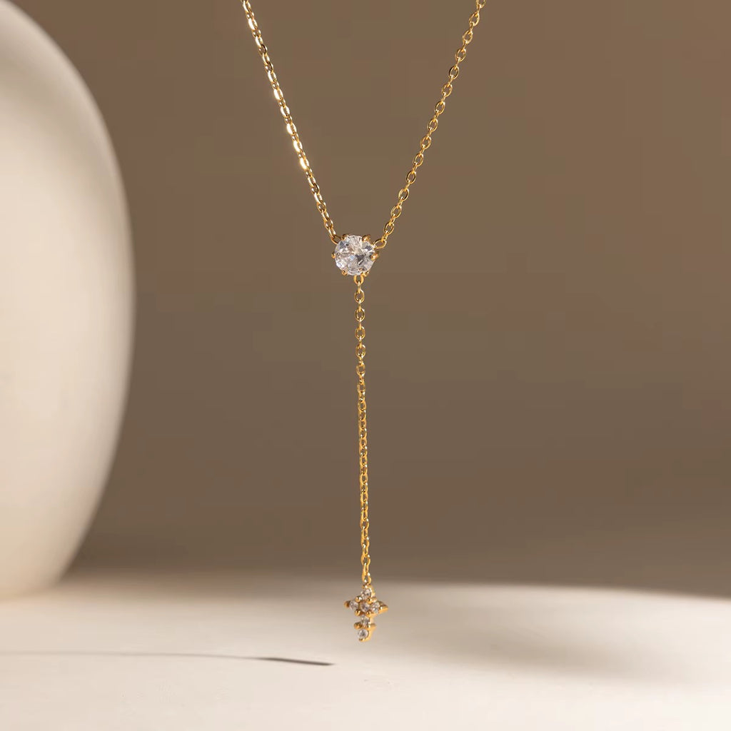 Dainty Gold Crystal Solitaire Necklace with Star Charm