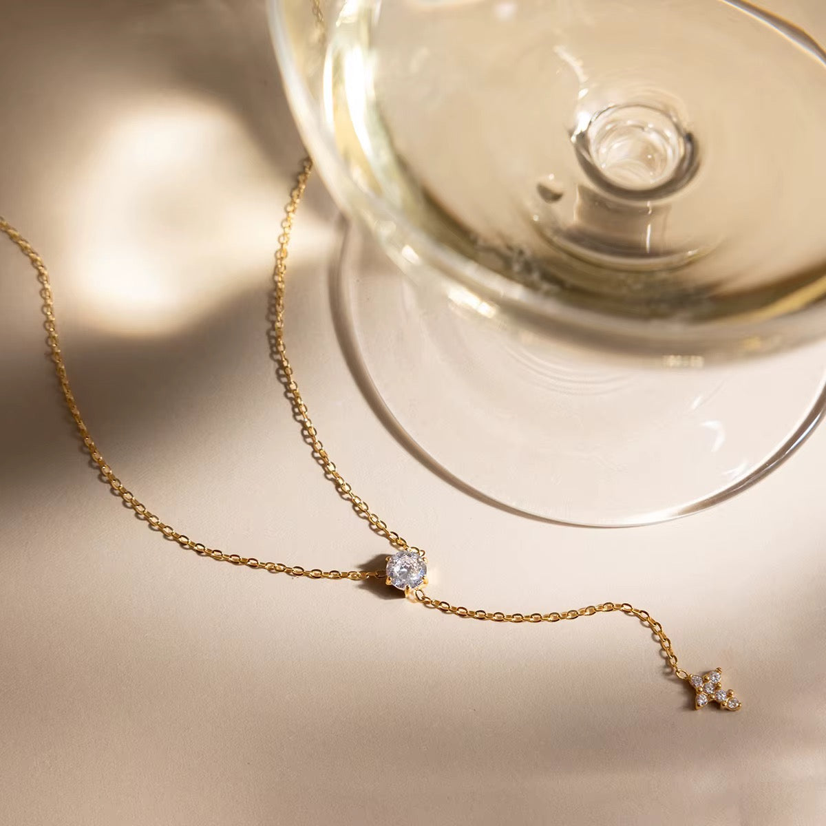 Dainty Gold Crystal Solitaire Necklace with Star Charm