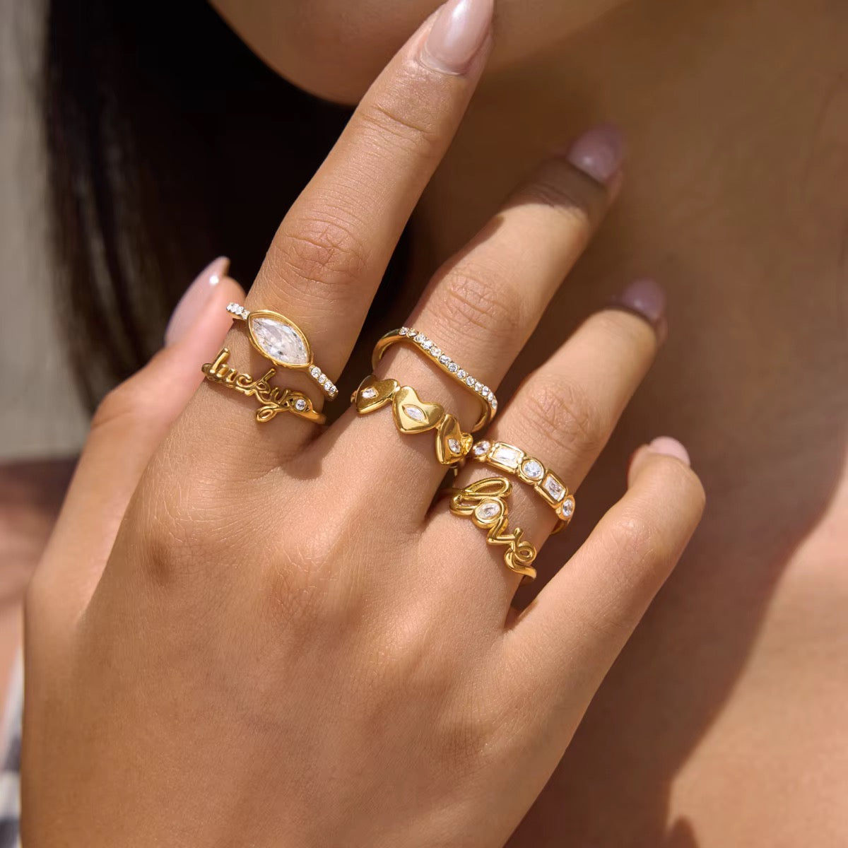 Gold Cubic Zirconia Crystal Adjustable Rings for Women