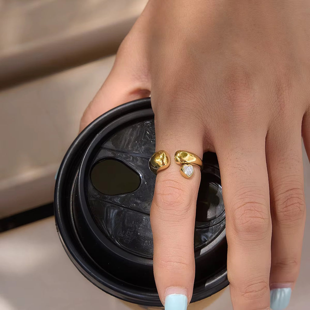 Golden Heart Embrace Ring with Sparkling Crystal