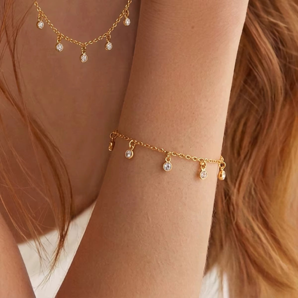 Gold-Plated Dainty Crystal Drop Jewellery Set | Necklace & Bracelet Set | Minimalist Stainless Steel Jewellery | Elegant Gift for Women