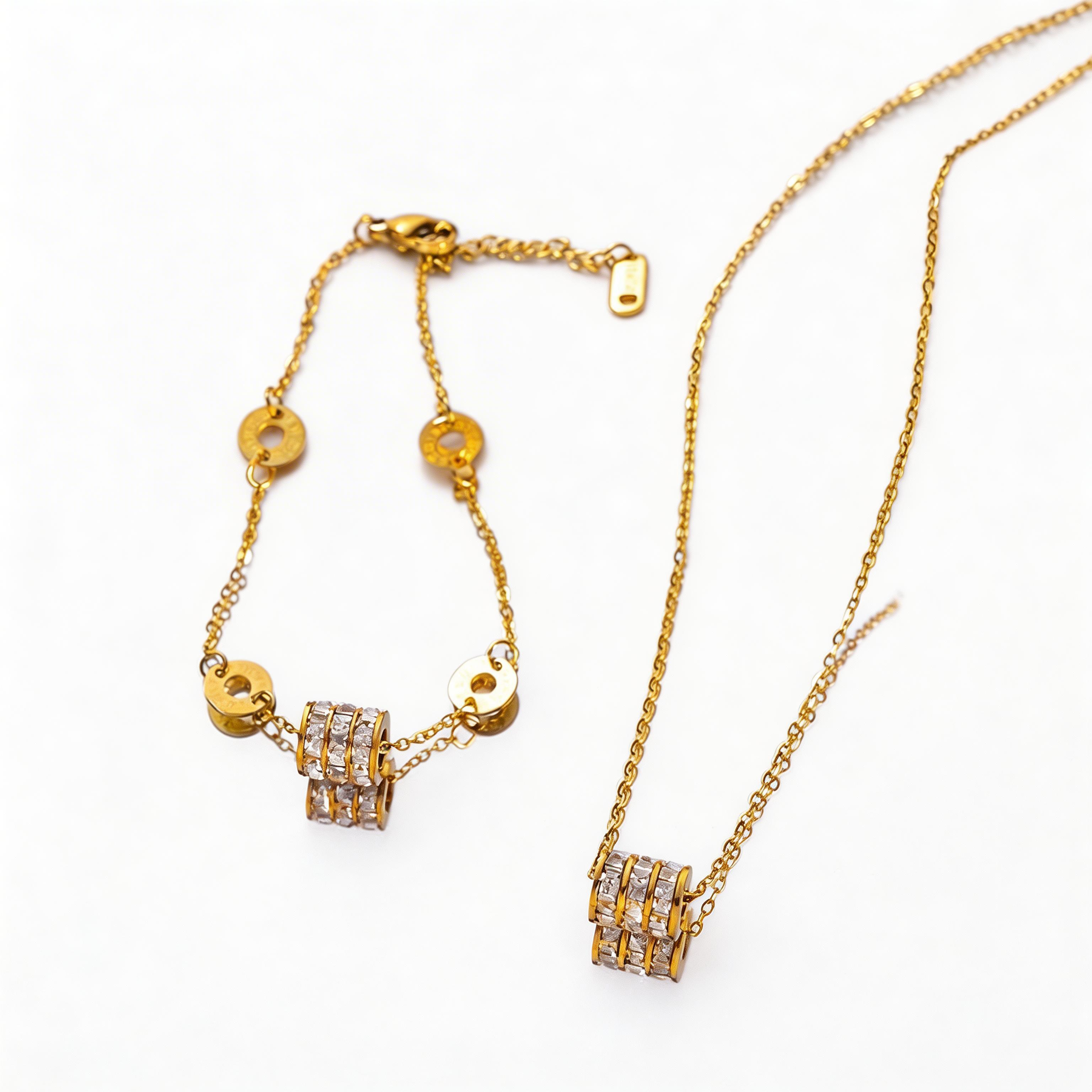 The Eternal Barrel Collection – Elegant Gold Necklace & Bracelet Set for Women