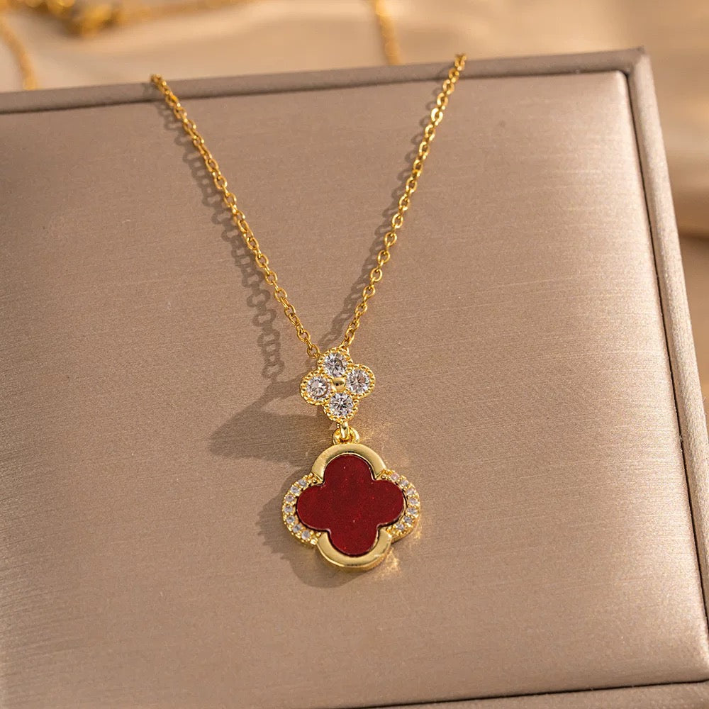 18K Gold Plated Stainless Steel Four Leaf Clover Pendant Necklace and Earrings Set