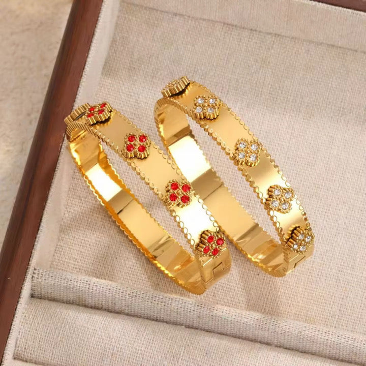 Ruby Crystal Alhambra Bangle – Luxury Gold Clover Bracelet for Women