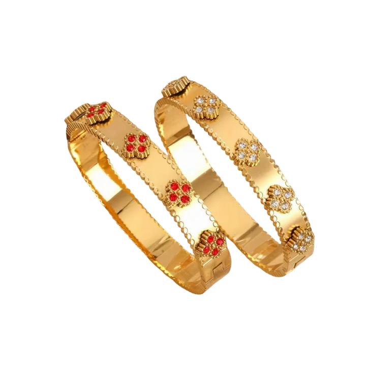 Ruby Crystal Alhambra Bangle – Luxury Gold Clover Bracelet for Women