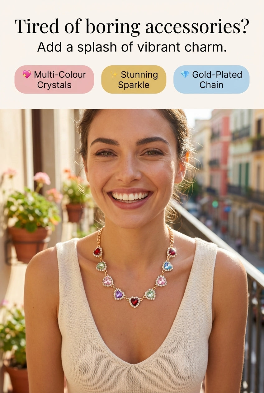 Woman wearing a colorful necklace with text about accessories on a blurred street background