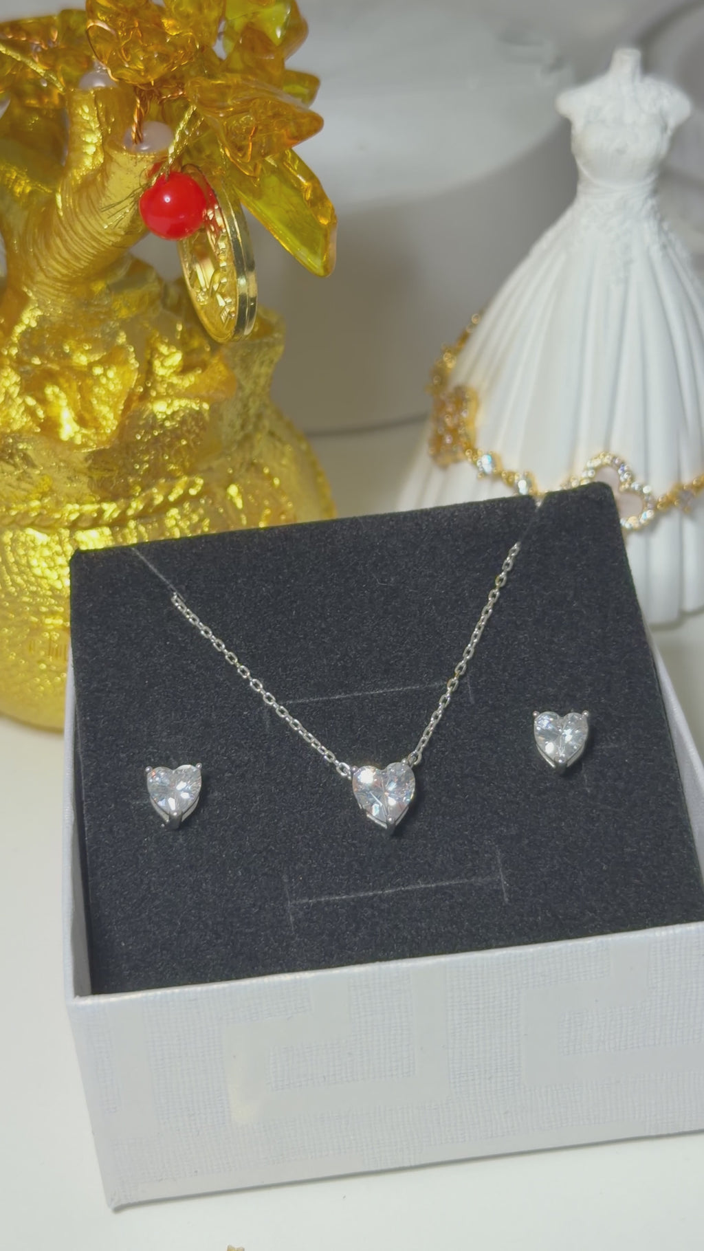 925 Sterling Silver Heart Cut Cubic Zirconia Necklace & Stud Earrings Jewellery Set for Women – Elegant Matching Silver Gift Set